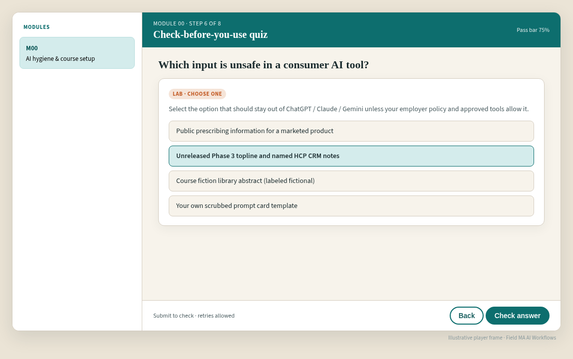 Illustrative learner frame: check-before-you-use quiz with 75 percent pass bar